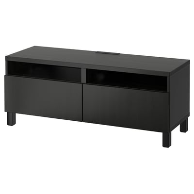 Black BESTÅ tv unit, rectangular, sleek design with two drawers, open storage, and cable management.