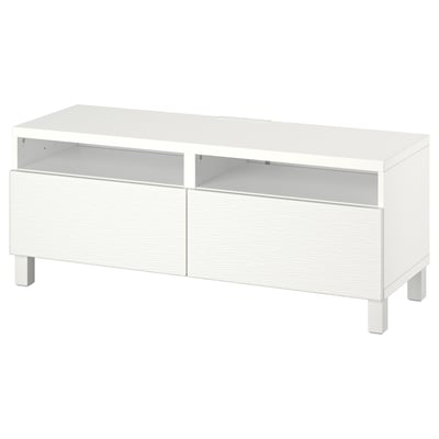 White BESTÅ tv bench, rectangular, wooden with drawers and cable management.