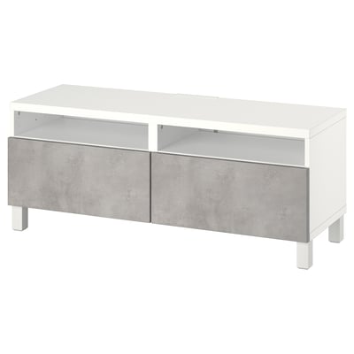 White BESTÅ tv stand with concrete effect drawers, rectangular shape, minimalist design.