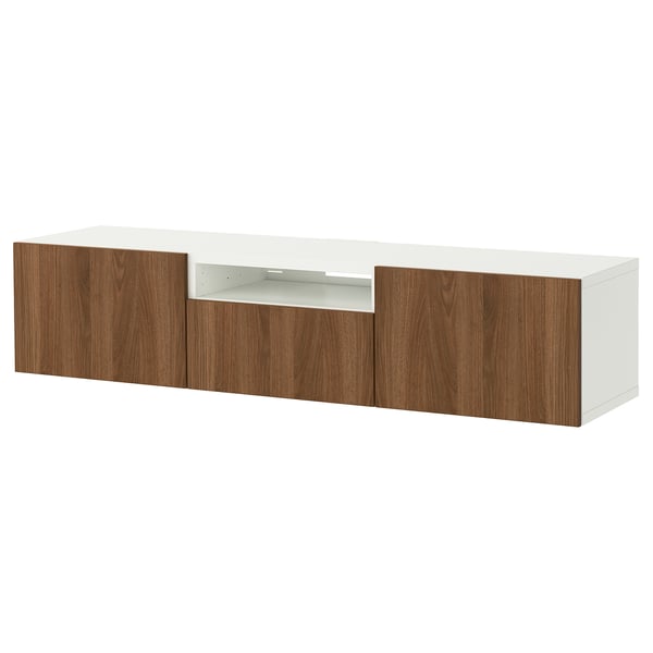 An ikea BESTÅ white and wood tv bench with two drawers and central open storage.