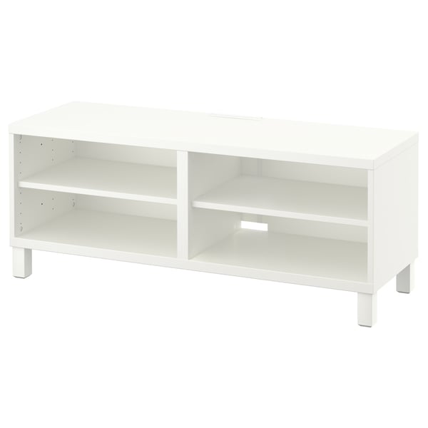 White BESTÅ tv stand with adjustable shelves and cable management.