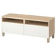 Modern wooden tv stand in light oak and white, rectangular with two drawers and open shelves, ideal for cable management.