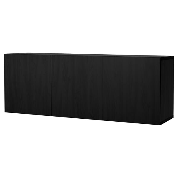 BESTÅ black cabinet, rectangular with four doors, modern design, wall-mounted, made from particleboard and foil.