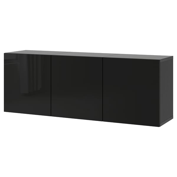 A black BESTÅ sideboard with three doors, suitable for storage. It a sleek, modern design with a glossy finish.
