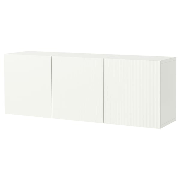A white BESTÅ wall-mounted cabinet with adjustable shelves. The cabinet is rectangular and sleek, ideal for modern storage.
