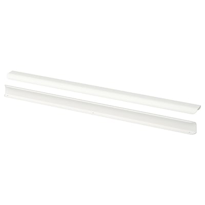 Two long, sleek, white billbro handles, made of aluminium with powder coating, lying parallel.