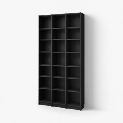 Black BILLY bookcase, tall, wooden, rectangular, multiple empty shelves, minimalist design.