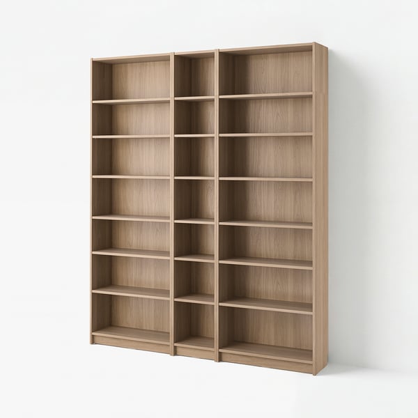 BILLY bookcase: light brown, wooden, rectangular; six adjustable shelves per section, two sections.