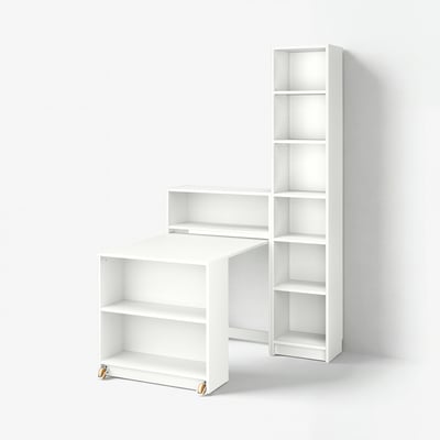 White BILLY bookcase with foldable table, versatile storage, extendable.