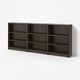 Three dark brown BILLY bookcases with five shelves each, arranged side by side.