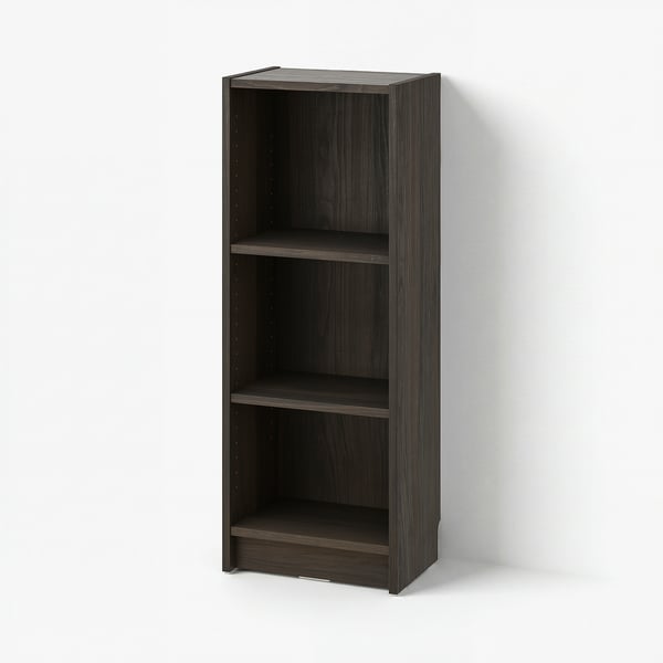 Dark brown BILLY bookcase with three empty shelves, minimalist design.