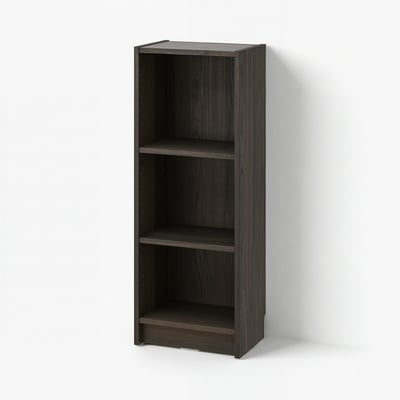 Dark brown BILLY bookcase with three empty shelves, minimalist design.
