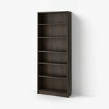 A BILLY bookcase, tall and dark brown, with six empty shelves. Its sleek, rectangular, and made of wood-like material.