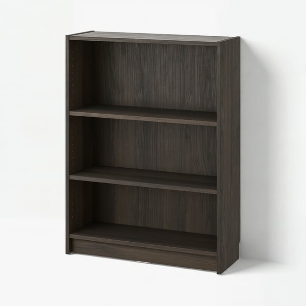 Dark brown BILLY bookcase with 3 shelves, particleboard, sleek wood grain design.