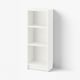 White BILLY bookcase, minimalist design with three adjustable shelves, standing tall in a clean room.