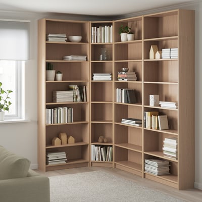 Large wooden BILLY corner bookshelf, holding numerous books & decor items, standing tall next to window and sofa.