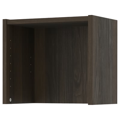 Dark brown BILLY shelf unit by IKEA. Square shape, flat surfaces, open storage.