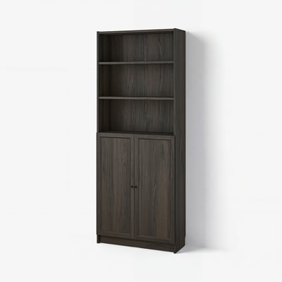 BILLY / OXBERG Bookcase with doors, dark-brown oak effect, 80x30x202 cm