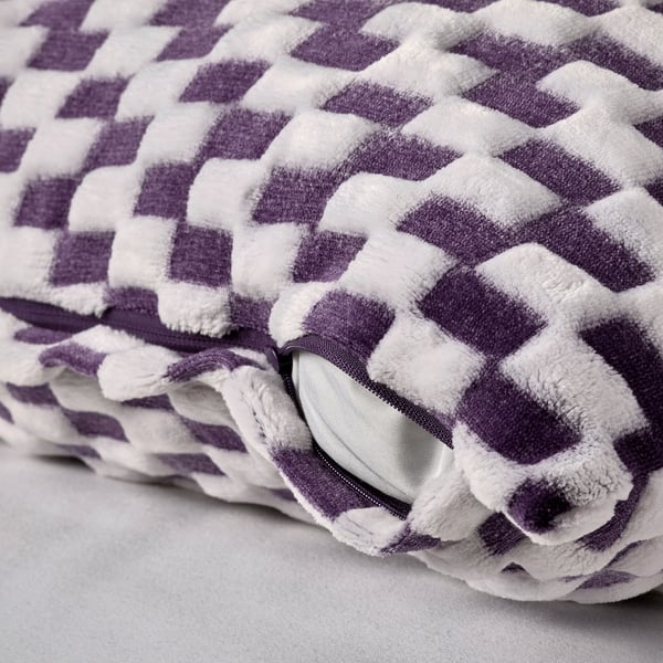 Purple and white 3d check cushion cover with zip, soft for sensitive skin.