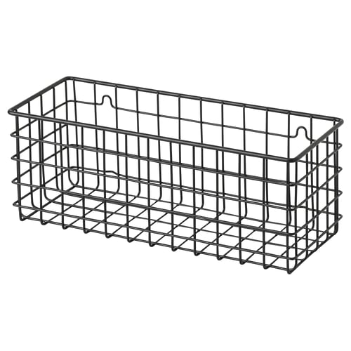 A BLECKSJÖN black wire storage basket. Its rectangular shape is made of powder-coated steel. The grid design is perfect for bathroom storage.