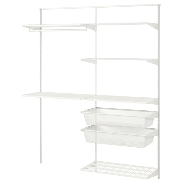 White BOAXEL wall storage system with multiple shelves and mesh baskets for organising laundry.