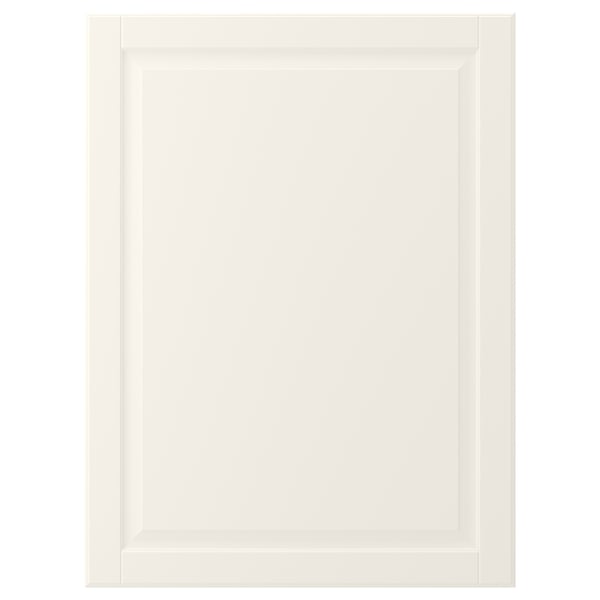 A white cabinet door with classic, bevelled design. Its made from fiberboard with a smooth, lacquered finish.