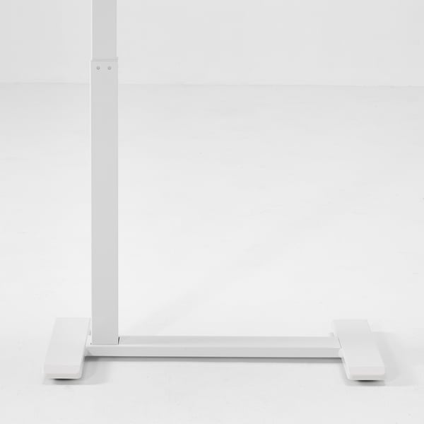 Adjustable standing table with two support feet, designed for stability and ease of movement. Ideal for flexible workspaces.