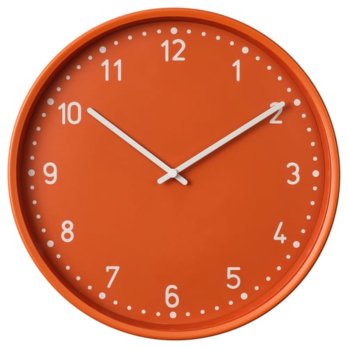 An orange clock named BONDIS with a silent mechanism. White numbers and hands on a round face.