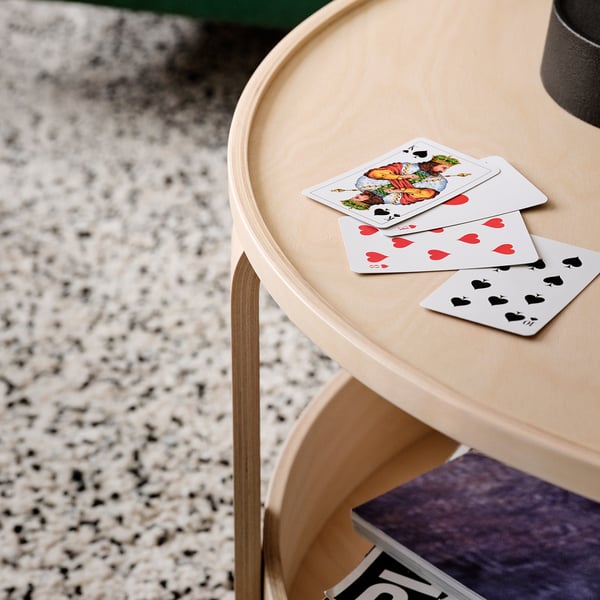 Modern birch wood side table playing cards, stylish and practical for home use.