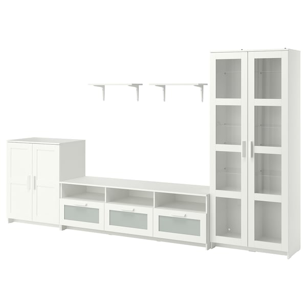 BRIMNES furniture set: tv bench, cabinets, shelves, bookcase with glass doors, modern design.