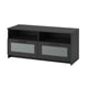 A black ikea BRIMNES tv stand with two drawers and open shelves. It a sleek, rectangular design with tempered glass drawer fronts.