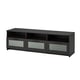 BRIMNES black tv stand with glass panels, rectangular shape, and open shelving.