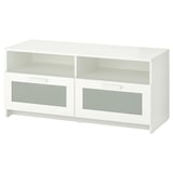 A white BRIMNES tv stand with four compartments, two glass doors, and two open shelves for storage and cable management.