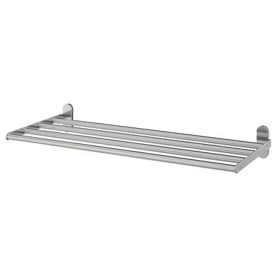 Silver BROGRUND towel shelf with rail & flat surface, stainless steel, hidden screws.