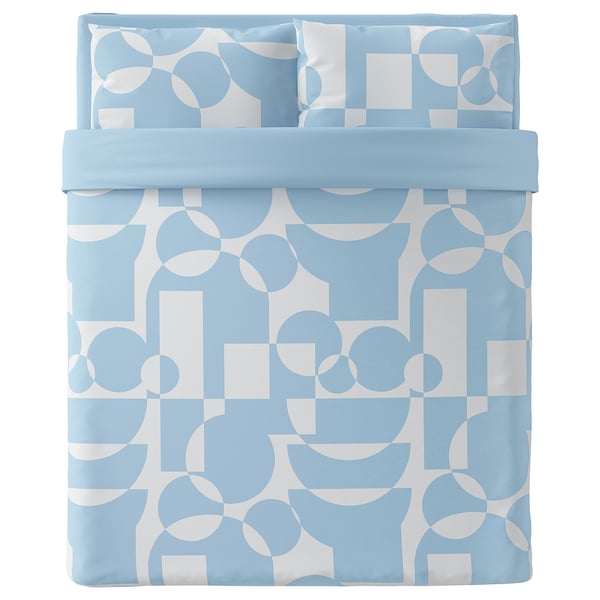 BRUKSVARA bedding set, blue/white geometric. 100% recycled polyester. Soft, breathable. Includes duvet cover, fitted sheet, 2 pillowcases.