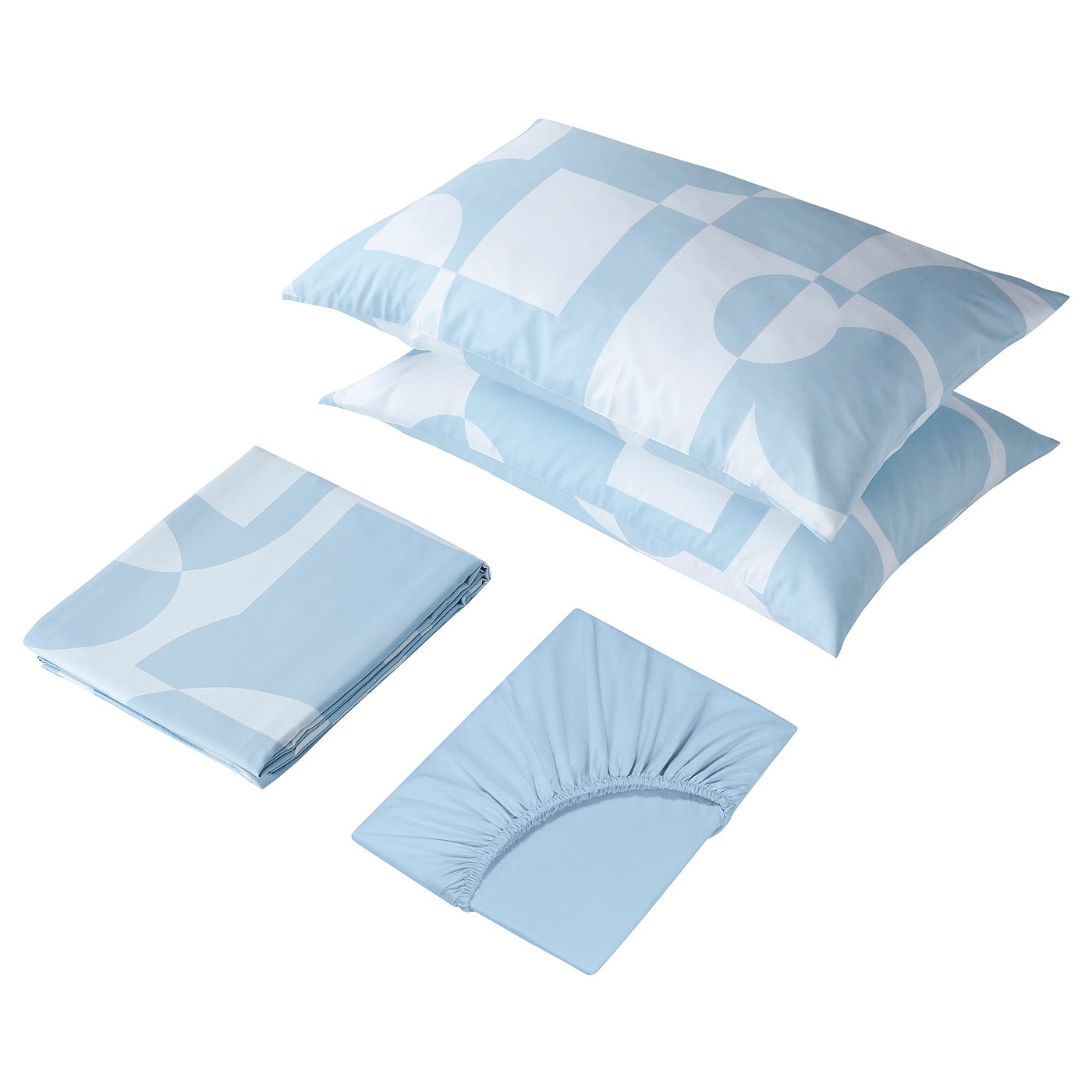 Blue, geometric-patterned bed sheet set with matching pillowcases.