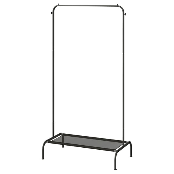 Black metal clothes rack with shelf for storage, minimalist design.