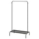 Black metal clothes rack with shelf for storage, minimalist design.