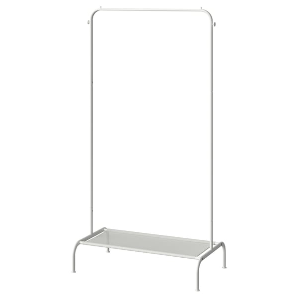 BRUKSVARA metallic clothes rack, white, steel & plastic, stands alone, hangs clothes & accessories, bottom shelf for storage.