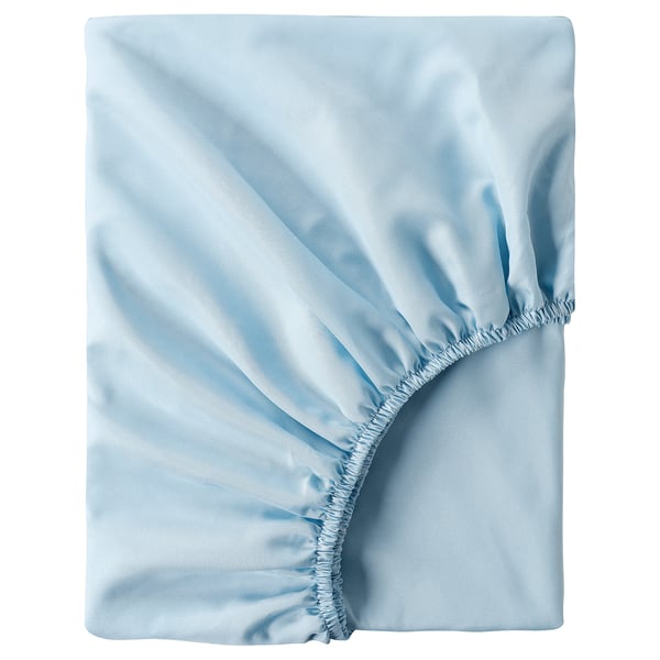 BRUKSVARA blue fitted sheet, microfibre, rectangular, soft textured design.