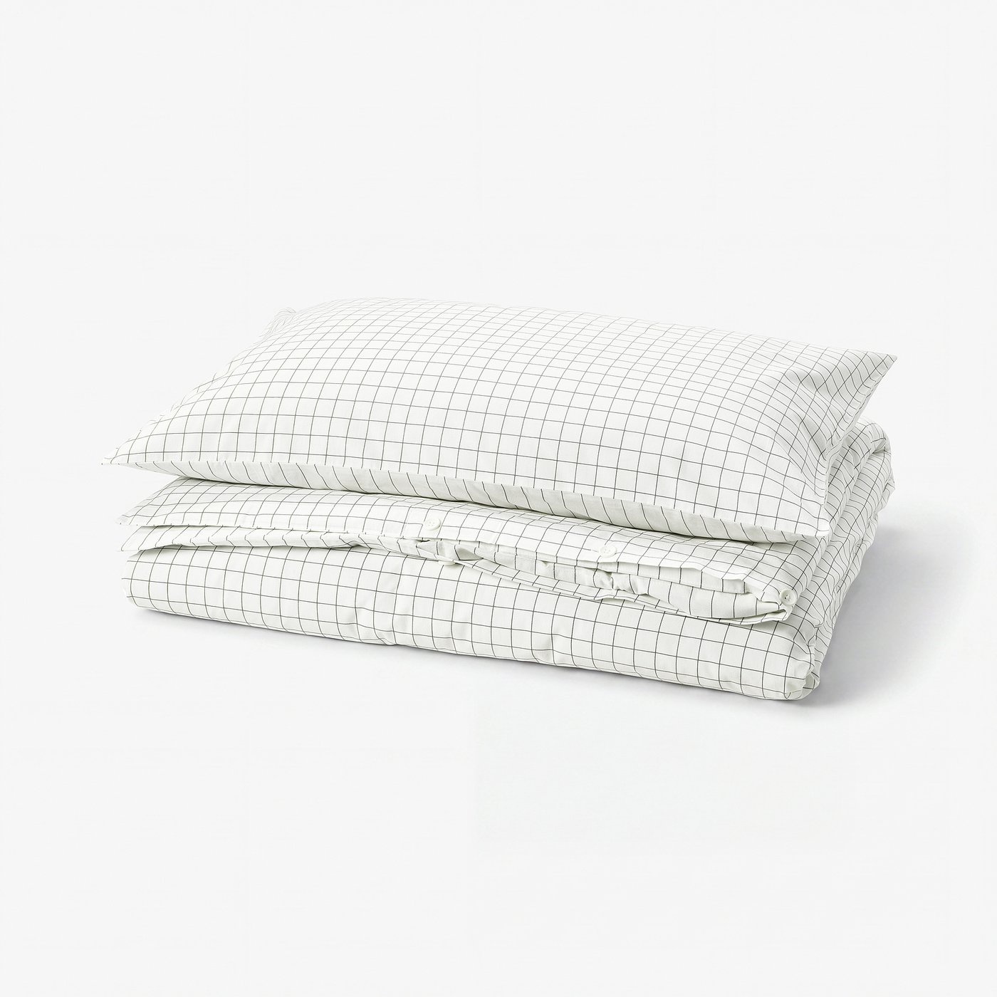 DOFTAKLEJA duvet & pillow in white/anthracite with stitched check & stripes. Cotton, rectangular, patterned.