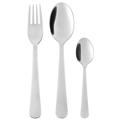 Image displays DRAGON cutlery: shiny fork, spoon, and teaspoon of stainless steel. Sleek and timeless design.