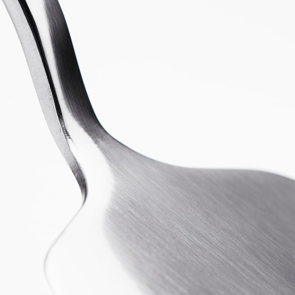 Stainless steel cake-slicer with smooth, sharp edge.