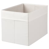A white fabric storage box, rectangular with handles, suitable for both shelves and closets.