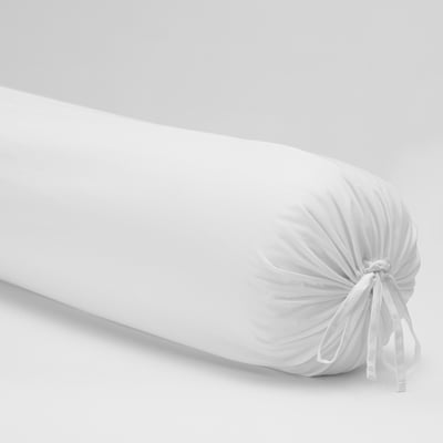 White rolled bolster, neatly tied with a ribbon, showcasing soft, high-quality cotton.