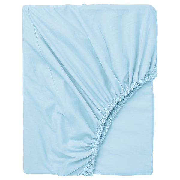 Light blue DVALA fitted sheet, 100% cotton, rectangular with elastic edges.