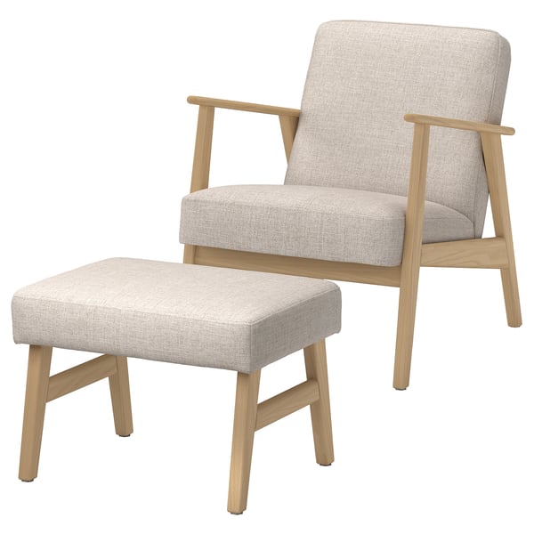 EKENÄSET chair & ottoman, light beige fabric over solid wood, retro mid-century scandinavian design.