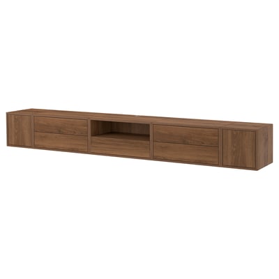 Brown wall-mounted storage unit with shelves, drawers, and compartments. Minimalist design for modern homes.