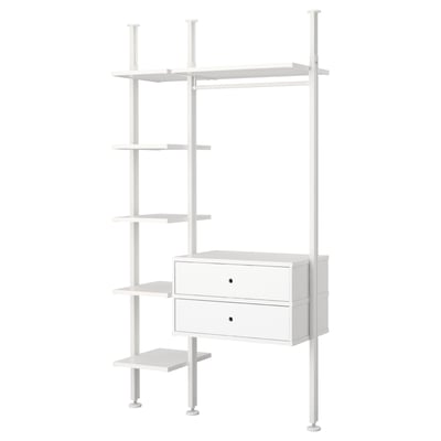 A white ELVARLI modular storage unit with shelves and drawers. Its tall, customizable, and stylish for various uses.
