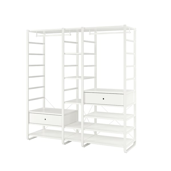 A white ELVARLI storage system with shelves and drawers, designed for versatile and adaptable home organisation.
